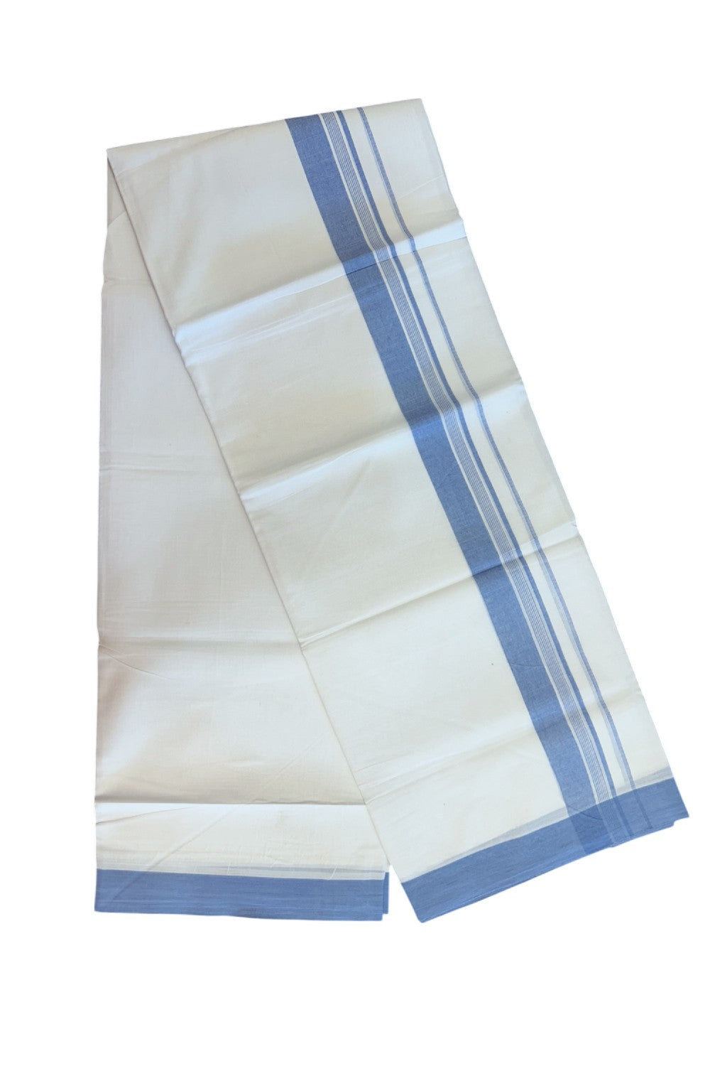 20% Discount ! Kaitharikada Balaramapuram 100% Cotton PURE WHITE Double Mundu/Dothi - 100x80 - 1.75 inch Lavander Blue Striped Kara 3.75 mtr (8 muzham) - 50KK5220 THI