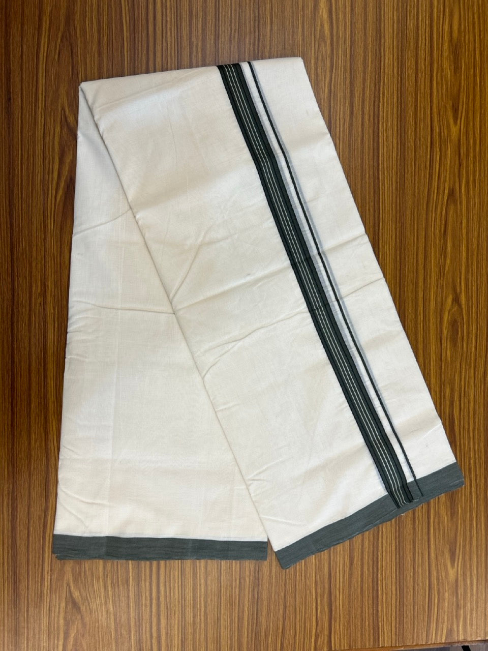 25% DISCOUNT!! KaithariKada HANDLOOM UNAKKUPAAV Balaramapuram - 100% PURE Cotton OFF White Double - (Unbleached)- Mundu/Dothi - Ash Green Black White Kara 4.5 Meters (10 Muzham) - 50 KK5249 REA