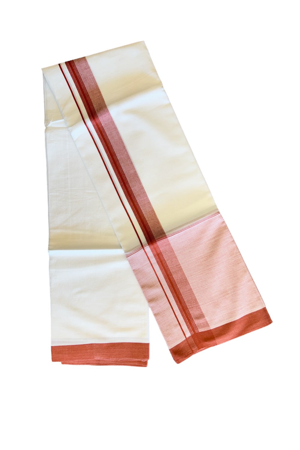 15% DISCOUNT!! Kaitharikada Balaramapuram 100% Cotton Ultra WHITE Double Mundu/Dothi-100x100 2 Inch BRICK RED SHADED Cotton Kara 3.75m (8 Muzham) - 50KK74RAM