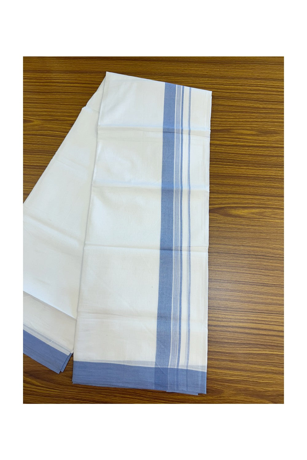20% Discount ! Kaitharikada Balaramapuram 100% Cotton PURE WHITE Double Mundu/Dothi - 100x80 - 1.75 inch Lavander Blue Striped Kara 3.75 mtr (8 muzham) - 50KK5220 THI