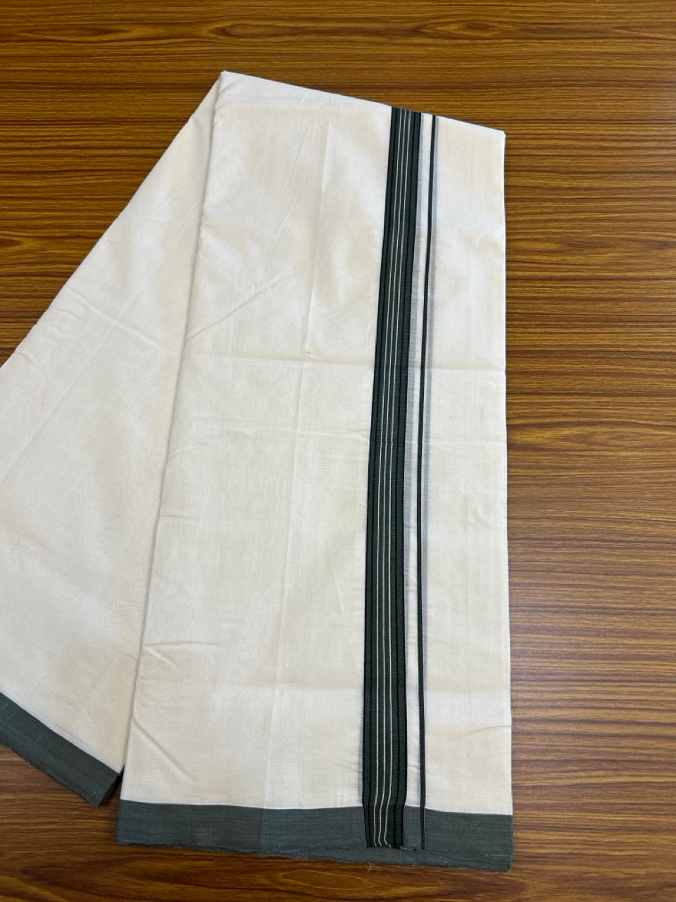 25% DISCOUNT!! KaithariKada HANDLOOM UNAKKUPAAV Balaramapuram - 100% PURE Cotton OFF White Double - (Unbleached)- Mundu/Dothi - Ash Green Black White Kara 4.5 Meters (10 Muzham) - 50 KK5249 REA