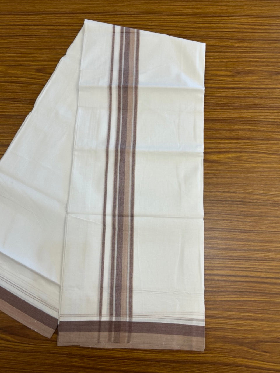20% Discount ! NEW! KaithariKada Balaramapuram 100% Cotton Pure white Double Mundu/Dhoti - (100x80)s - 1.5 inch Brown Violet Stripes Kara - 50 KK5249 VIN