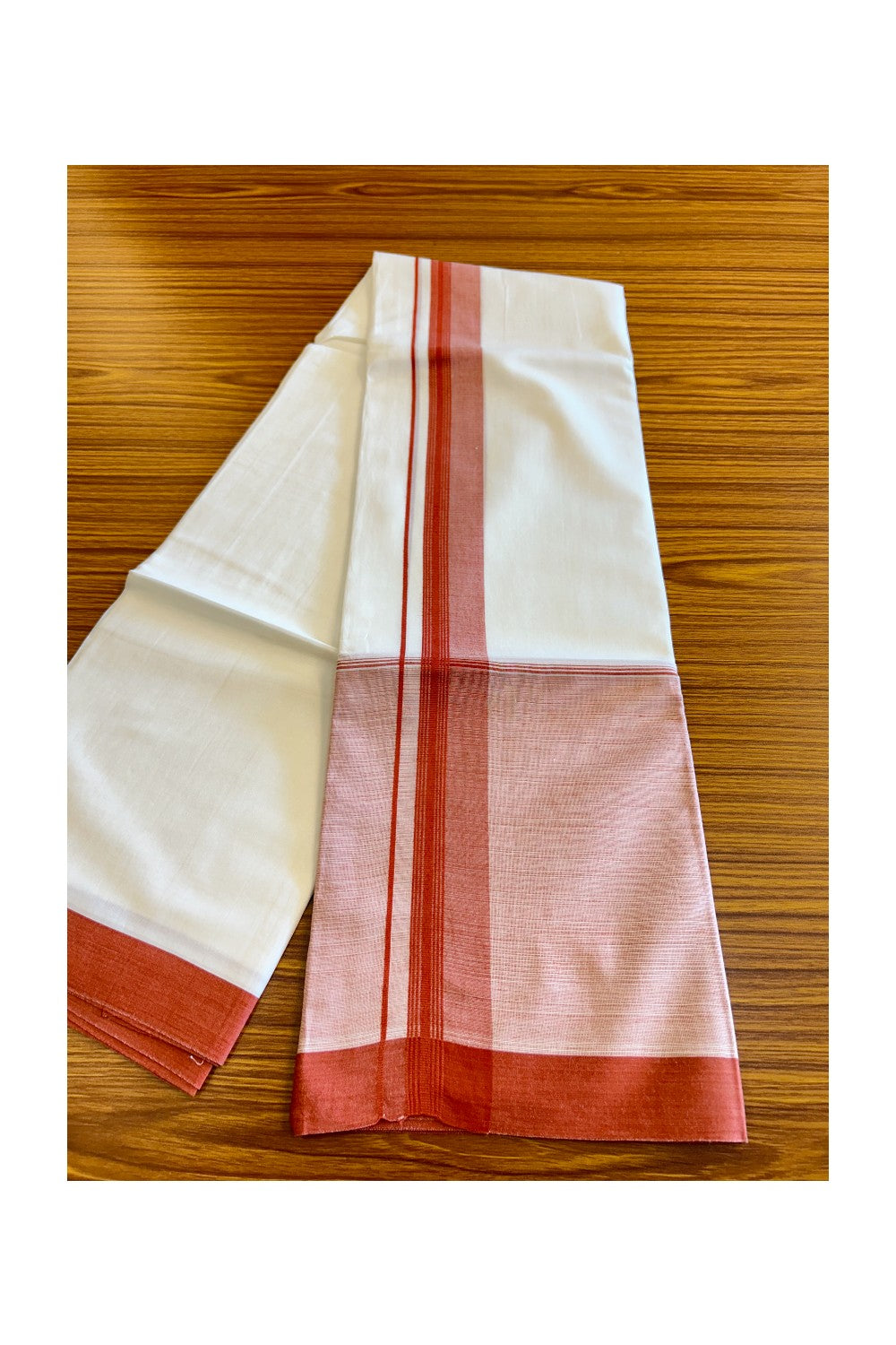 15% DISCOUNT!! Kaitharikada Balaramapuram 100% Cotton Ultra WHITE Double Mundu/Dothi-100x100 2 Inch BRICK RED SHADED Cotton Kara 3.75m (8 Muzham) - 50KK74RAM