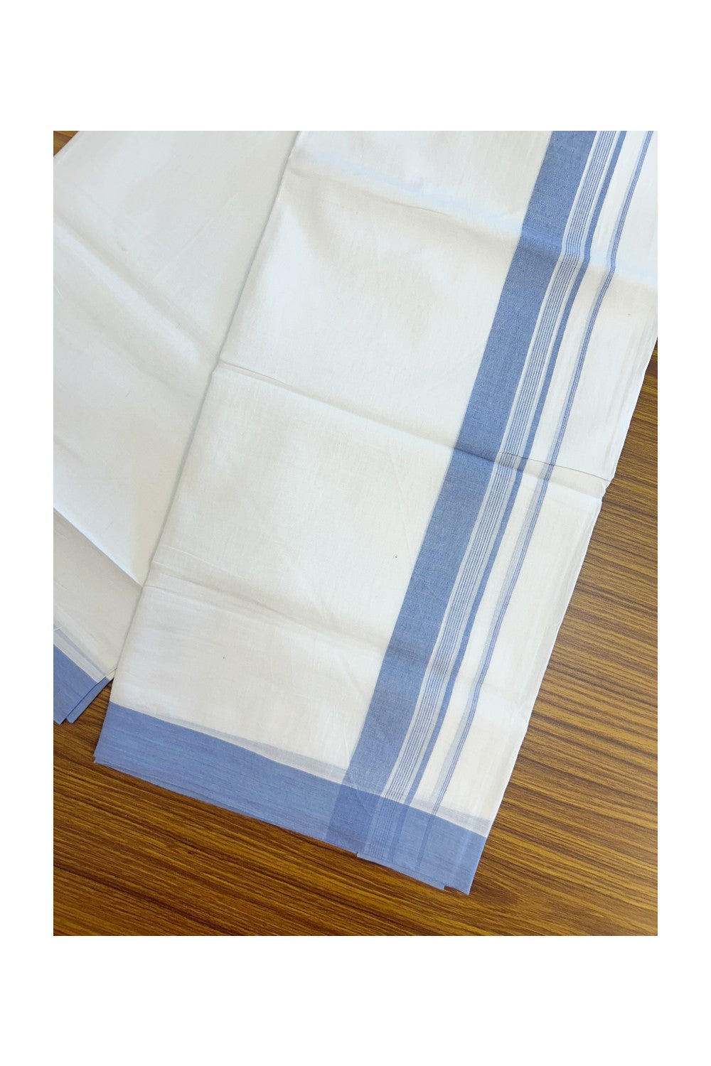 20% Discount ! Kaitharikada Balaramapuram 100% Cotton PURE WHITE Double Mundu/Dothi - 100x80 - 1.75 inch Lavander Blue Striped Kara 3.75 mtr (8 muzham) - 50KK5220 THI