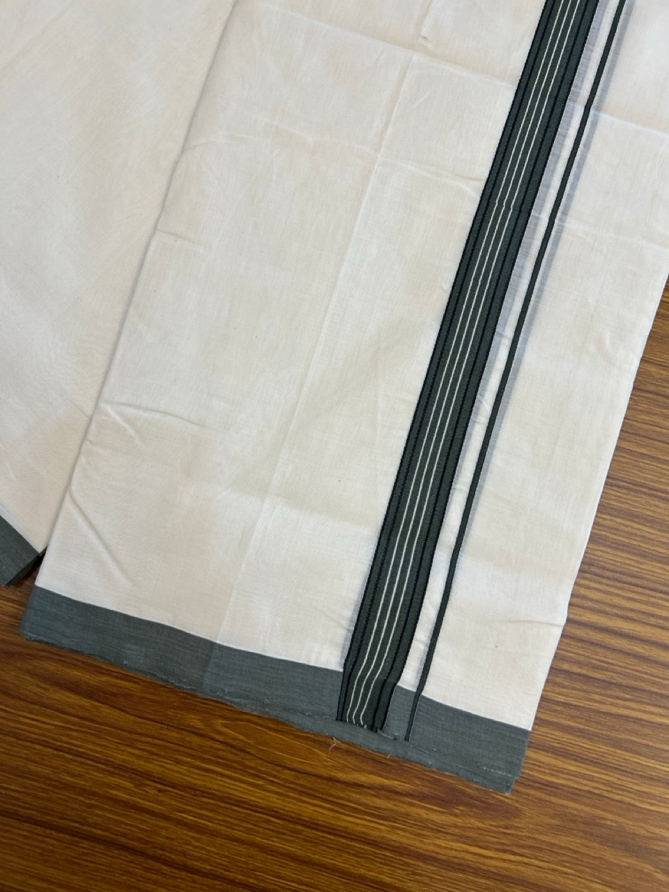 25% DISCOUNT!! KaithariKada HANDLOOM UNAKKUPAAV Balaramapuram - 100% PURE Cotton OFF White Double - (Unbleached)- Mundu/Dothi - Ash Green Black White Kara 4.5 Meters (10 Muzham) - 50 KK5249 REA