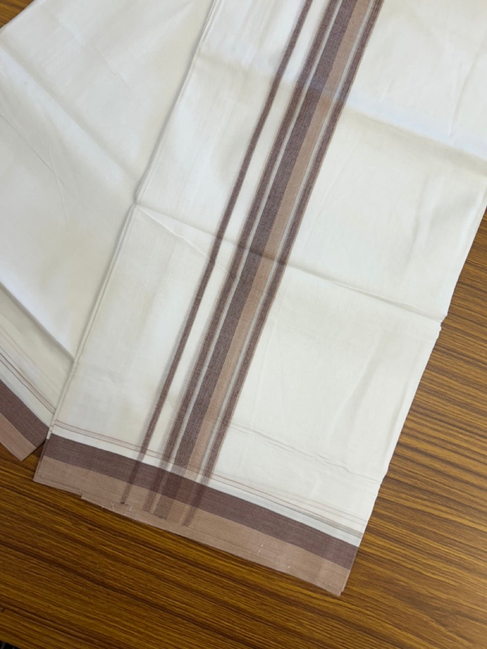 20% Discount ! NEW! KaithariKada Balaramapuram 100% Cotton Pure white Double Mundu/Dhoti - (100x80)s - 1.5 inch Brown Violet Stripes Kara - 50 KK5249 VIN