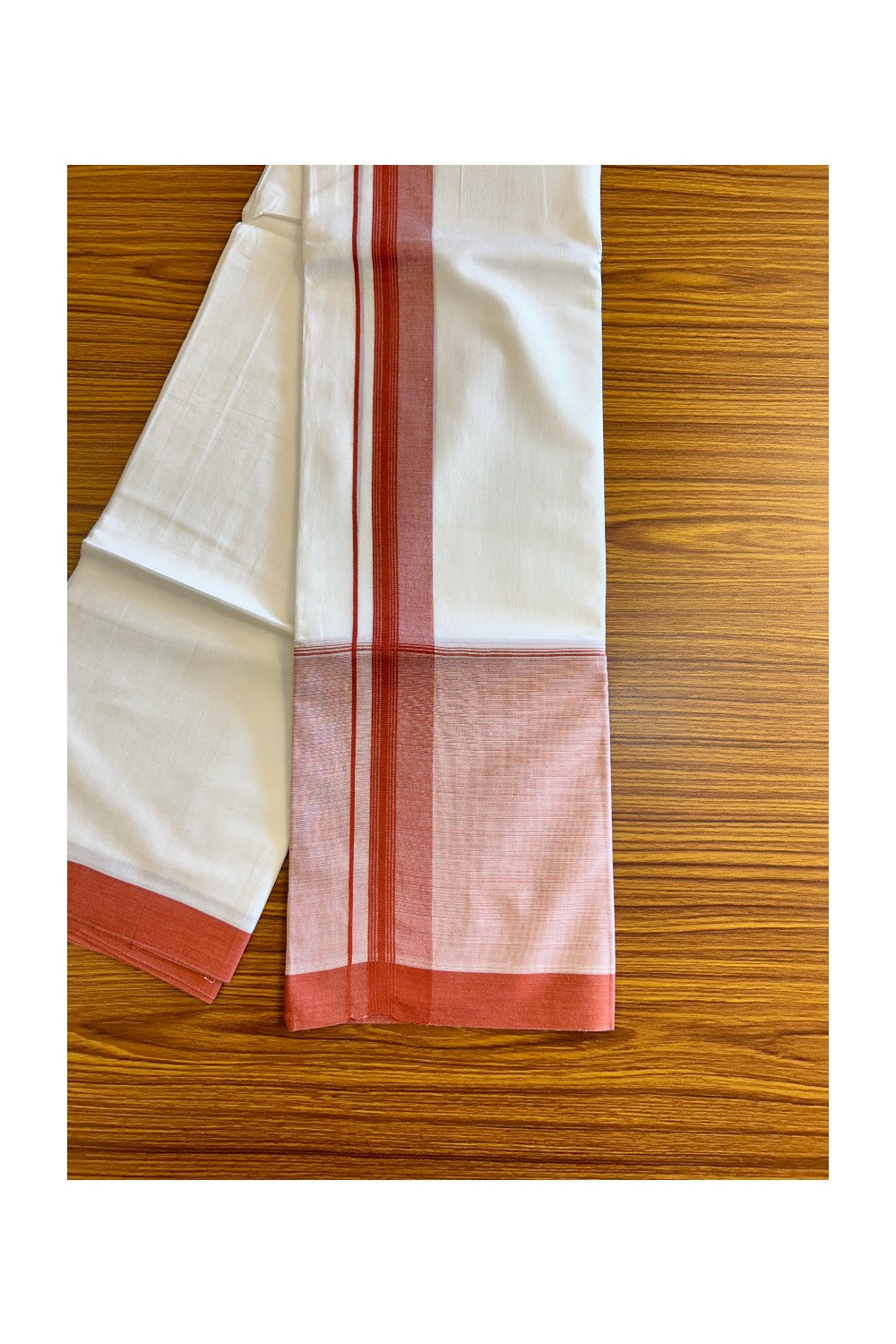 15% Discount!! Kaitharikada Balaramapuram 100% Cotton Pure White Double Mundu/Dothi-100x100  2 Inch Brick Red Shaded Cotton Kara 3.75m (8 Muzham) - 50KK74RAM