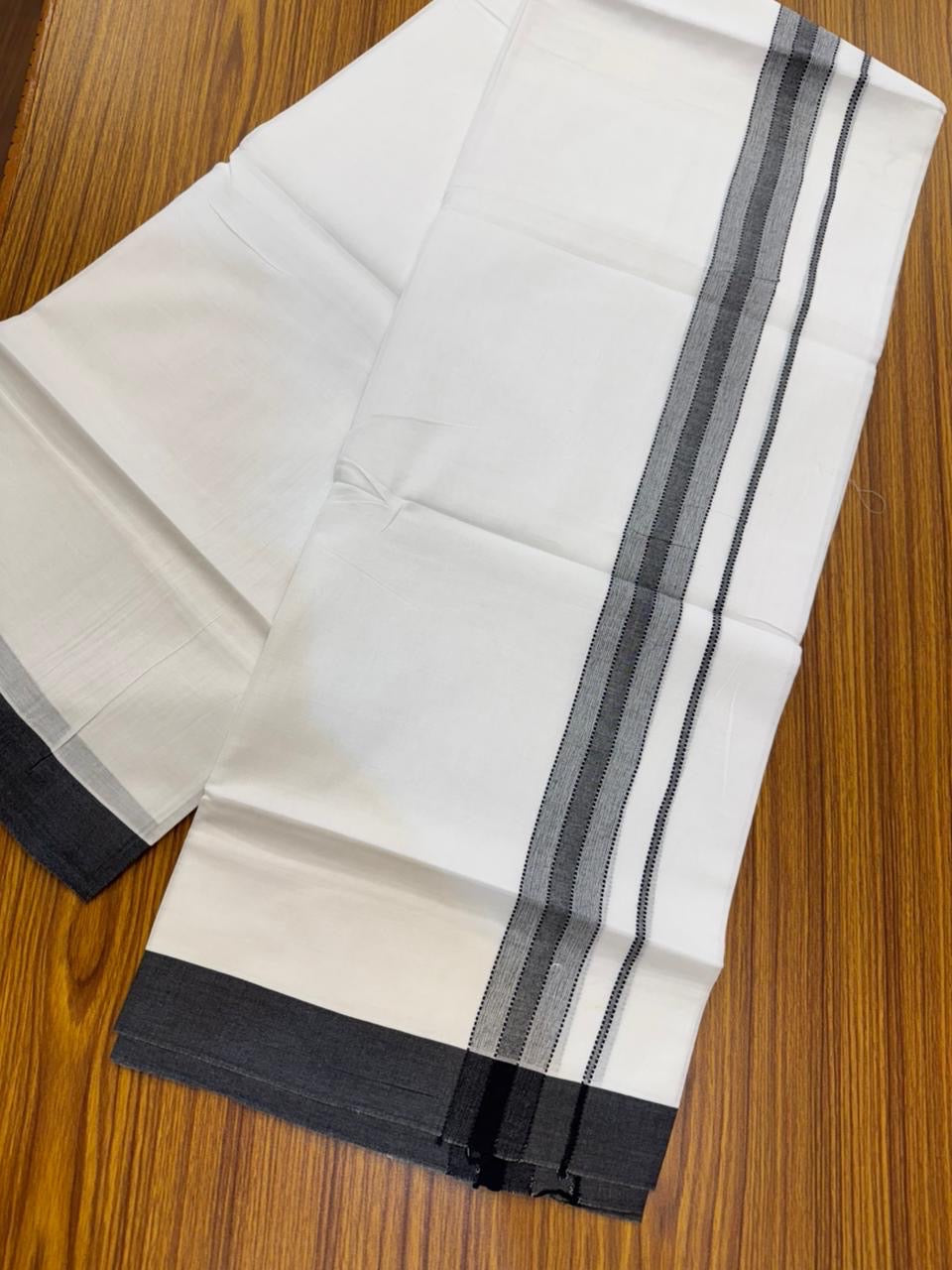 20% Discount ! KaithariKada Balaramapuram 100% Cotton Double Pure white Mundu/Dhoti- 100x80 - 1.5 inch Black shaded striped Kara - 3.90mtr ( 8 muzham) - 28 KK5251 PMC
