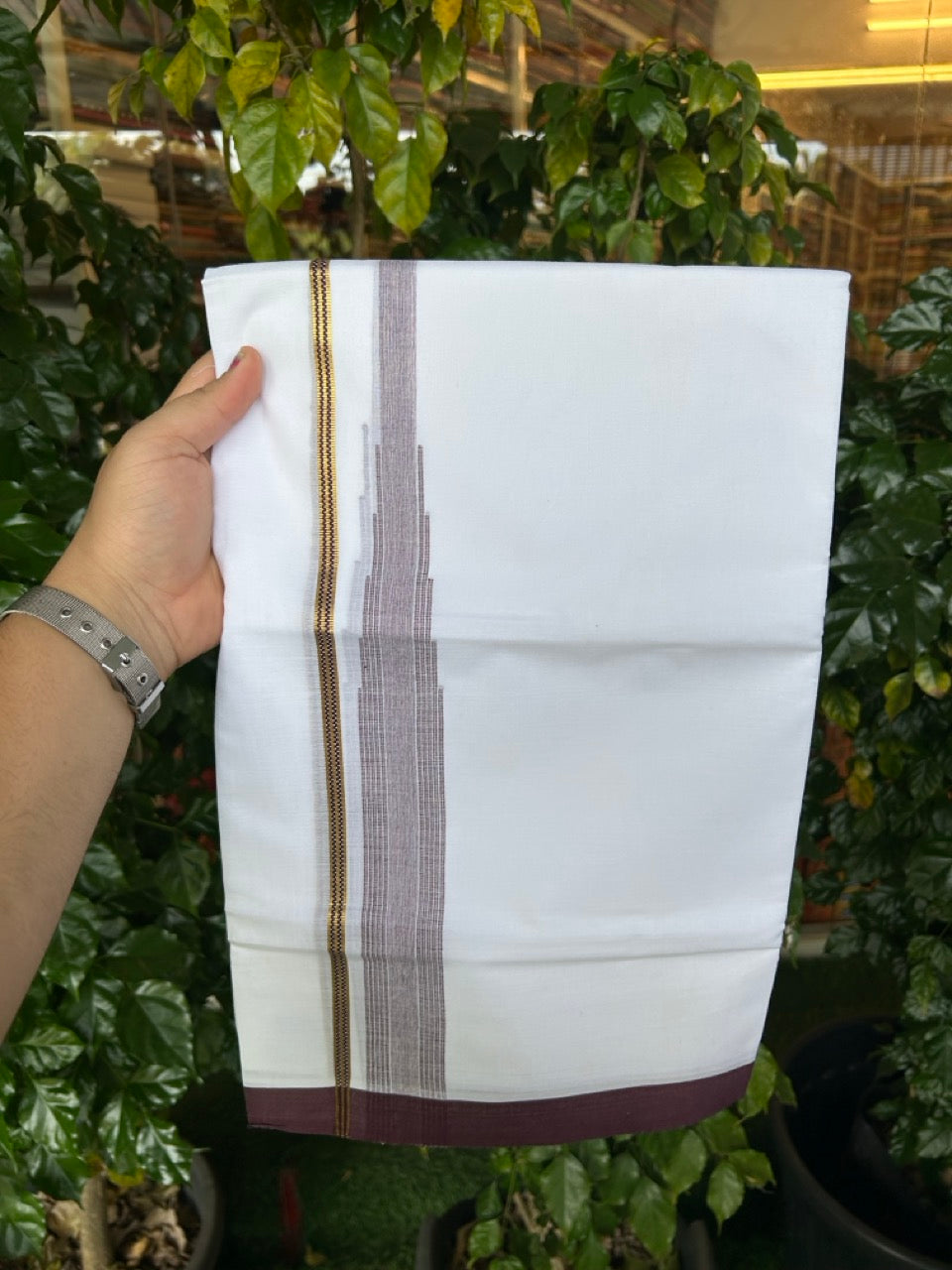 24% Discount! KaithariKada Balaramapuram 100% Cotton Pure white Double Mundu/Dhoti - (100x80)s - 1.5 inch Puliyilakkara Wine Brown Stripes Chutty Gold Kasav - 51 KK5258 THI