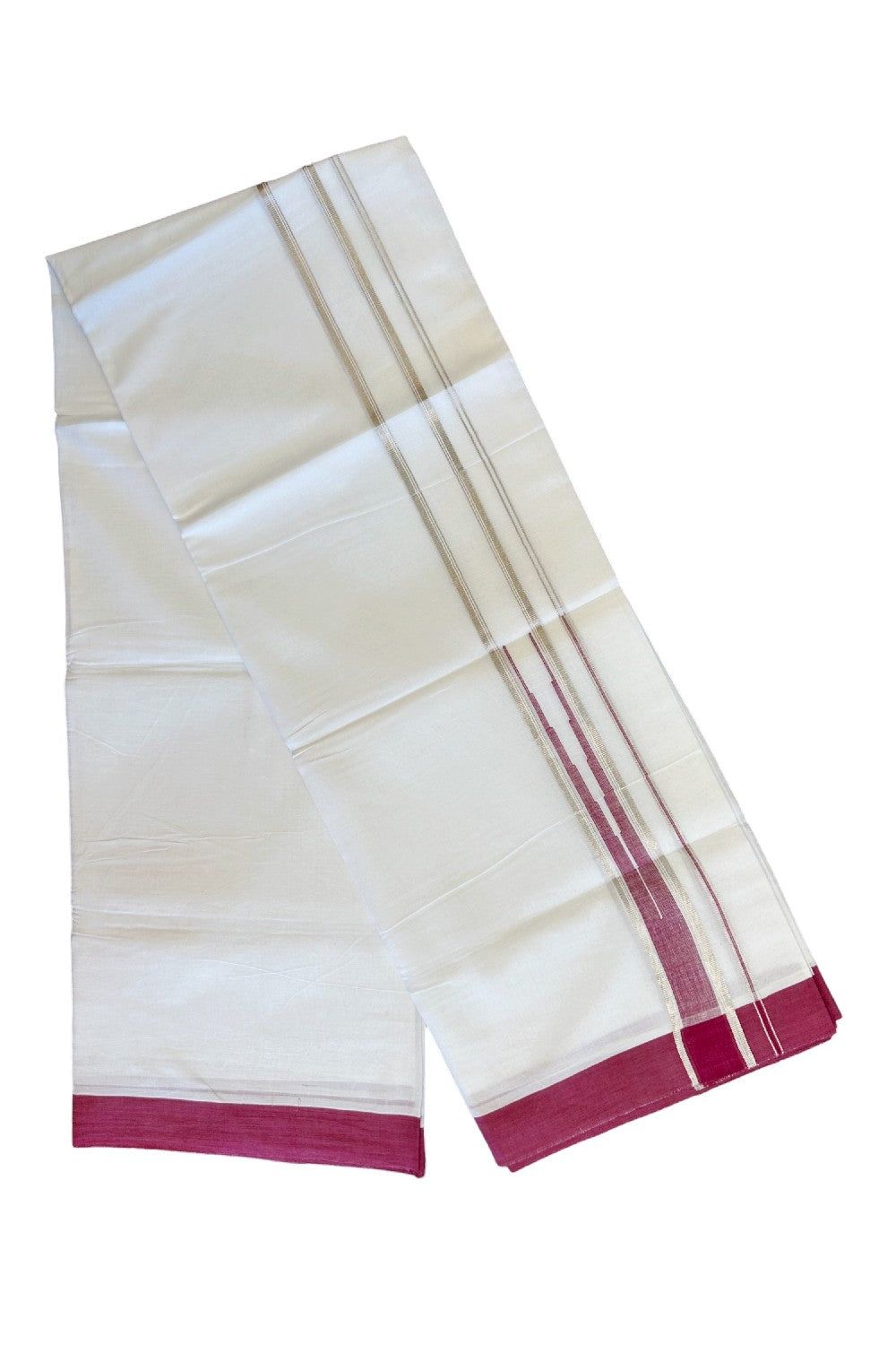 21% DISCOUNT!! Kaitharikada Balaramapuram 100% Cotton PURE WHITE Double Mundu/Dothi-100x100 Puliyilakkara CHUTTY 1.75 Inch Maroon & SILVER STRIPED Cotton Kara - 51KK424CEE