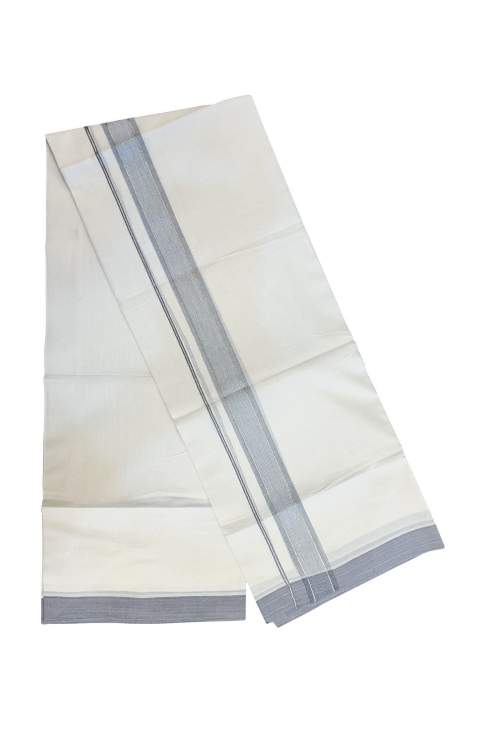 20% DISCOUNT! KaithariKada Balaramapuram 100% Cotton Double Pure white Mundu/Dhoti- 60s - 1.5 inch Silver Kasavu & Lavender Shaded Kara - 3.88mtr ( 8 muzham) - 51KK5227 PMC