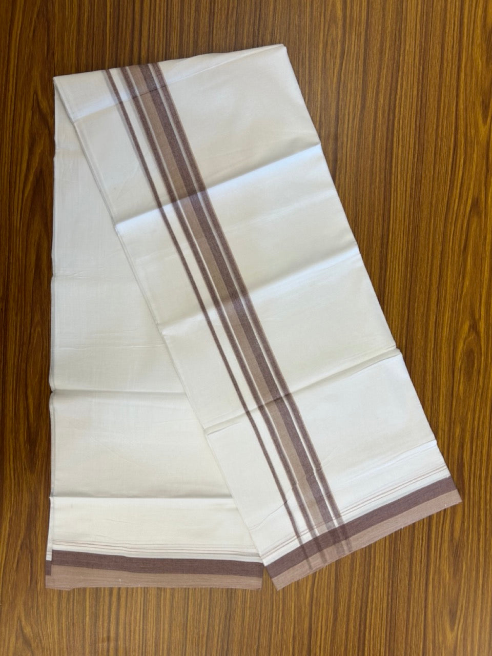 20% Discount ! NEW! KaithariKada Balaramapuram 100% Cotton Pure white Double Mundu/Dhoti - (100x80)s - 1.5 inch Brown Violet Stripes Kara - 51 KK5249 VIN