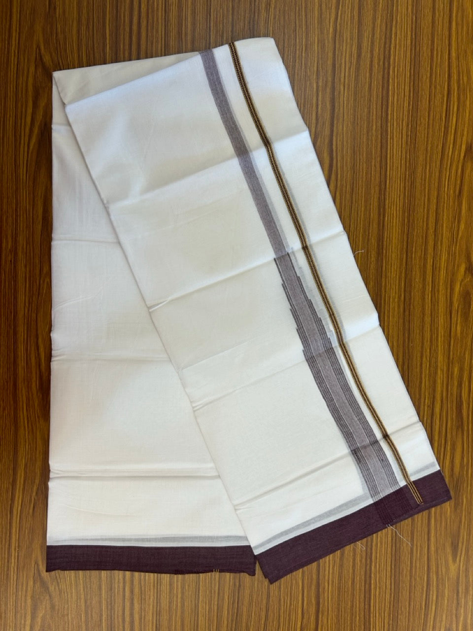 24% Discount! KaithariKada Balaramapuram 100% Cotton Pure white Double Mundu/Dhoti - (100x80)s - 1.5 inch Puliyilakkara Wine Brown Stripes Chutty Gold Kasav - 51 KK5258 THI