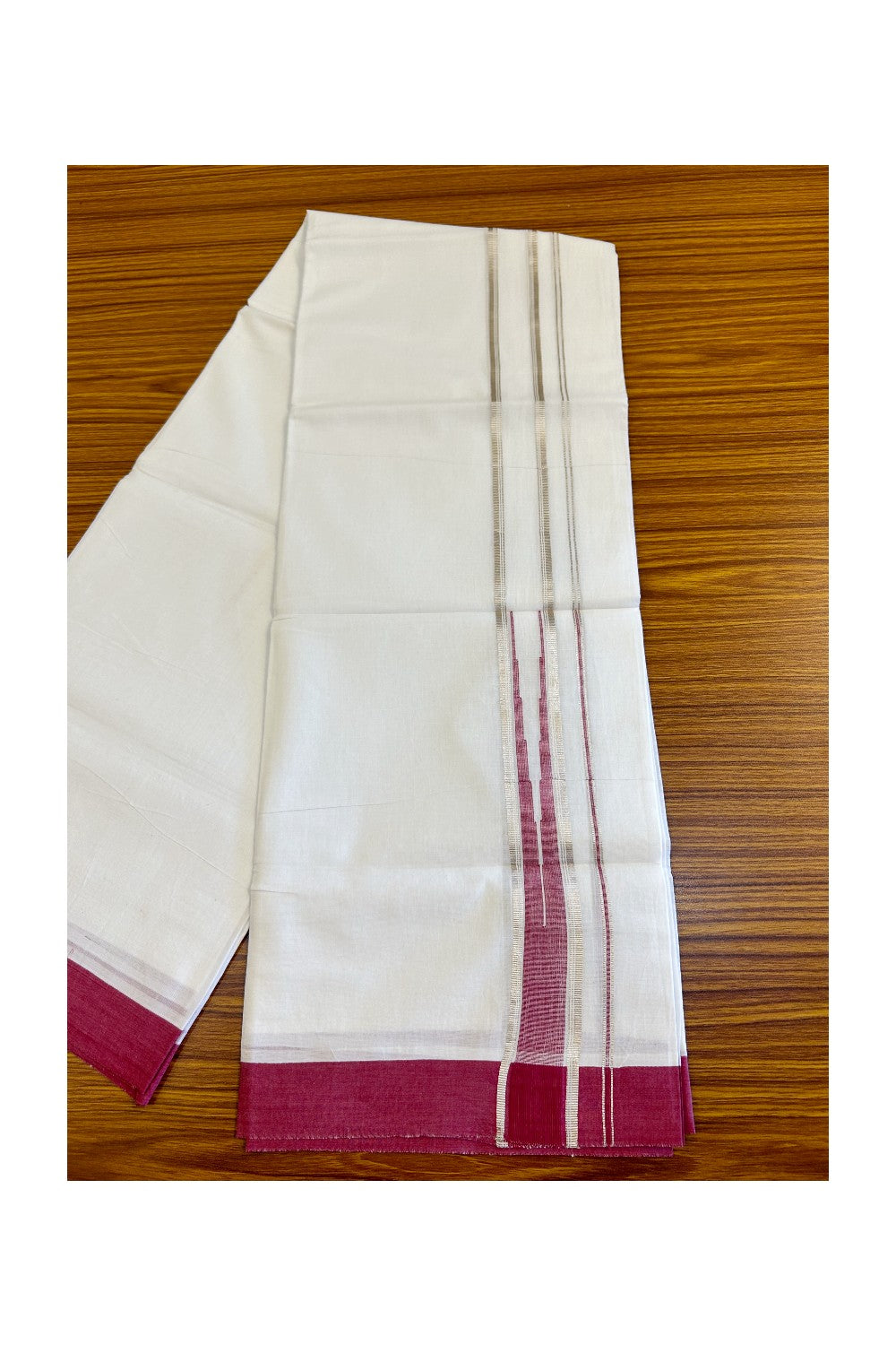 21% DISCOUNT!! Kaitharikada Balaramapuram 100% Cotton PURE WHITE Double Mundu/Dothi-100x100 Puliyilakkara CHUTTY 1.75 Inch Maroon & SILVER STRIPED Cotton Kara - 51KK424CEE