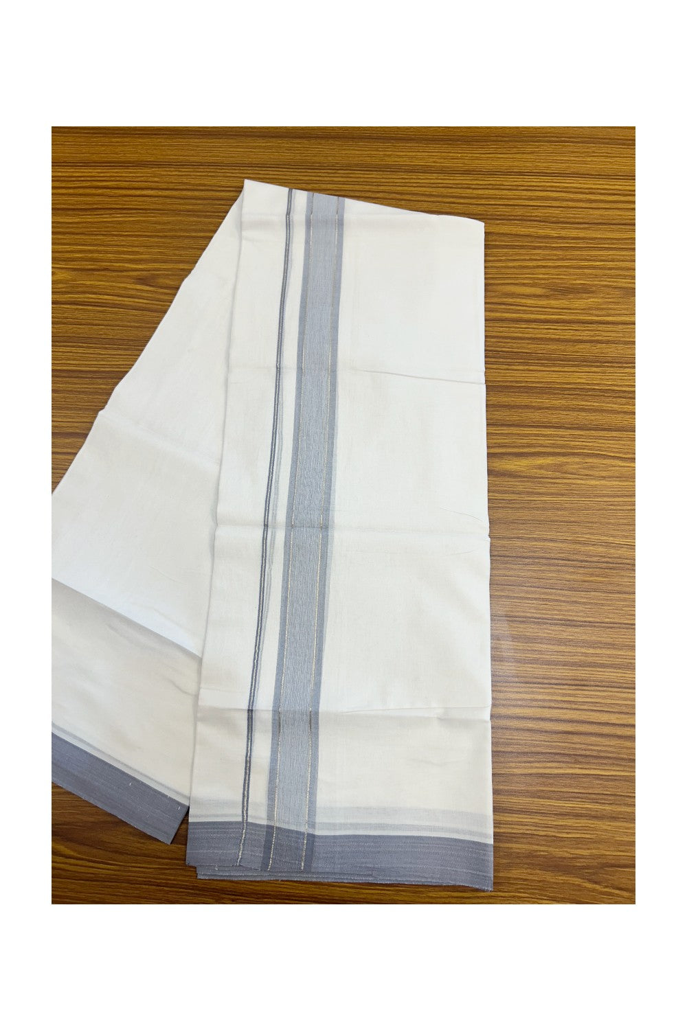 20% DISCOUNT! KaithariKada Balaramapuram 100% Cotton Double Pure white Mundu/Dhoti- 60s - 1.5 inch Silver Kasavu & Lavender Shaded Kara - 3.88mtr ( 8 muzham) - 51KK5227 PMC