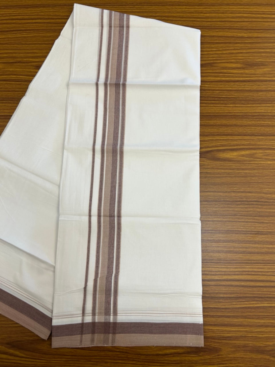 20% Discount ! NEW! KaithariKada Balaramapuram 100% Cotton Pure white Double Mundu/Dhoti - (100x80)s - 1.5 inch Brown Violet Stripes Kara - 51 KK5249 VIN