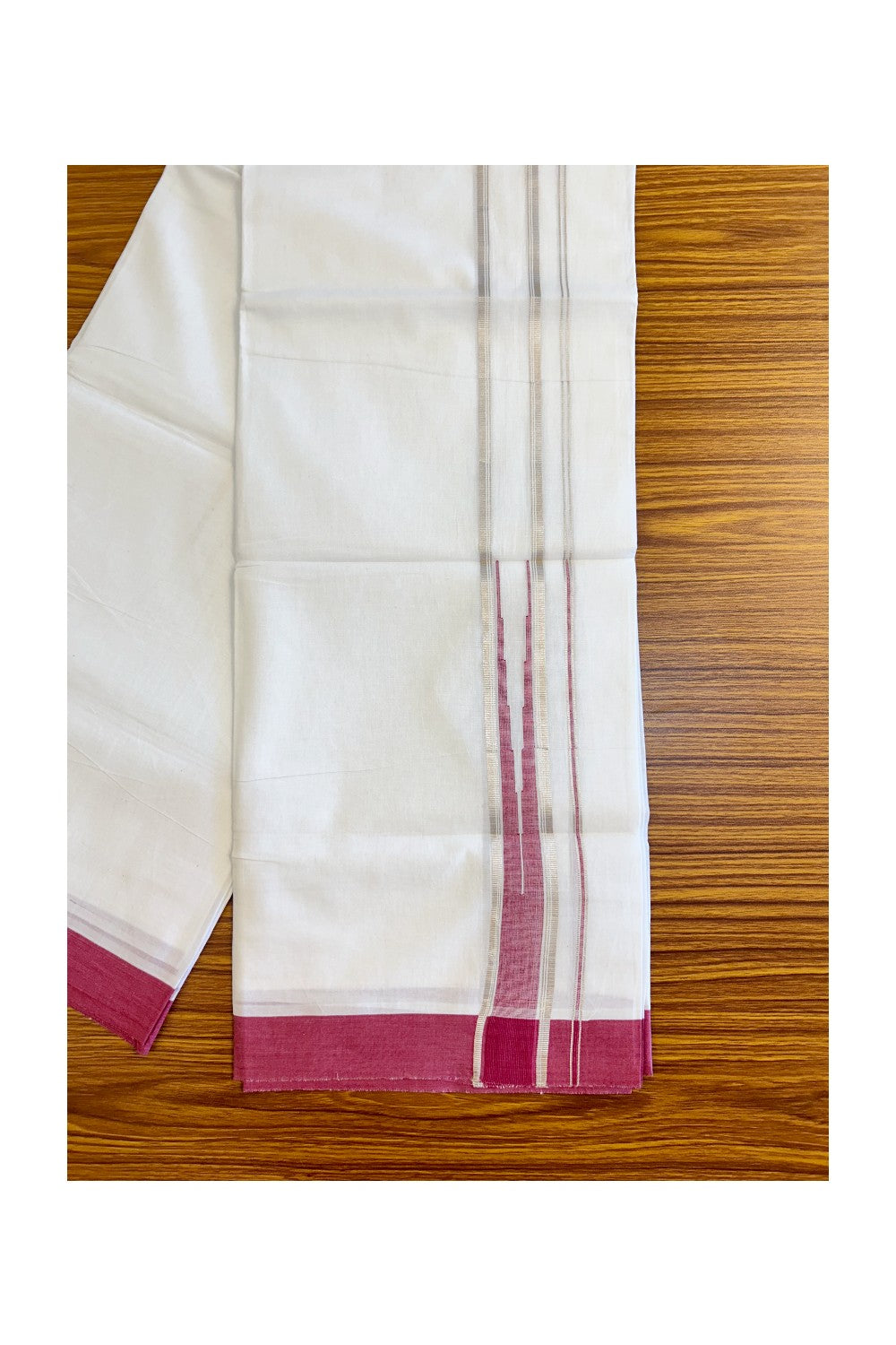 21% DISCOUNT!! Kaitharikada Balaramapuram 100% Cotton PURE WHITE Double Mundu/Dothi-100x100 Puliyilakkara CHUTTY 1.75 Inch Maroon & SILVER STRIPED Cotton Kara - 51KK424CEE