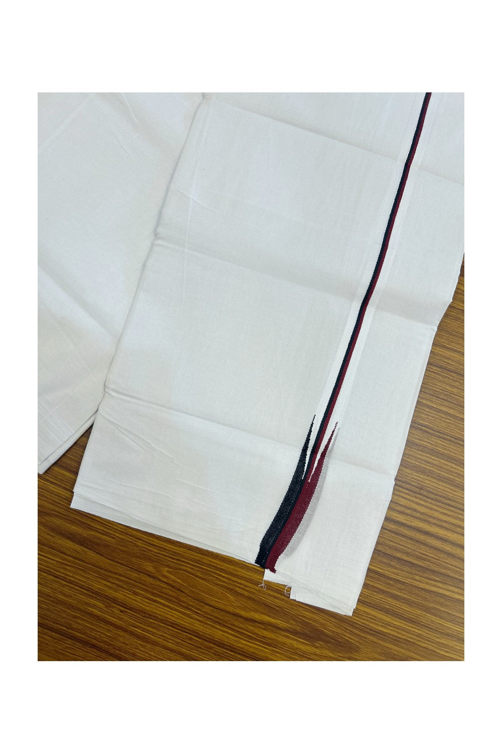 DMK Veshti - 20% DISCOUNT ! KaithariKada Balaramapuram 100% COTTON Double PURE WHITE Mundu/Dhoti-100X100- 1 cm Puliyilakkara Maroon & Black Chutty - 23KK5043ASH