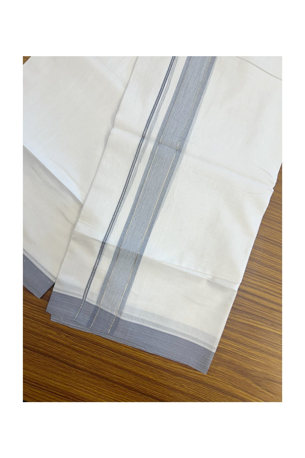20% DISCOUNT! KaithariKada Balaramapuram 100% Cotton Double Pure white Mundu/Dhoti- 60s - 1.5 inch Silver Kasavu & Lavender Shaded Kara - 3.88mtr ( 8 muzham) - 51KK5227 PMC