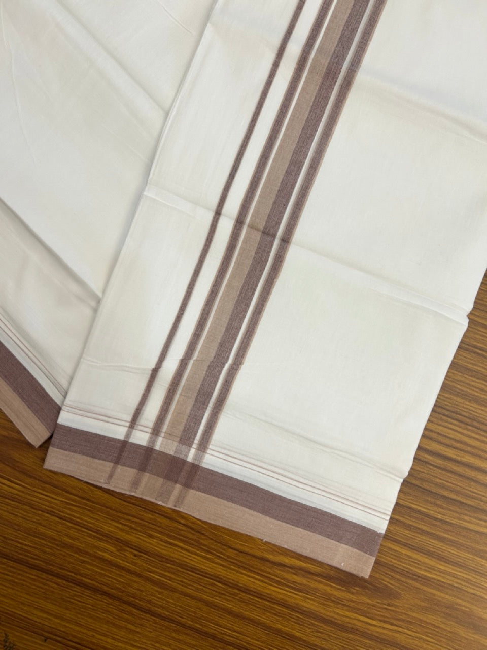 20% Discount ! NEW! KaithariKada Balaramapuram 100% Cotton Pure white Double Mundu/Dhoti - (100x80)s - 1.5 inch Brown Violet Stripes Kara - 51 KK5249 VIN