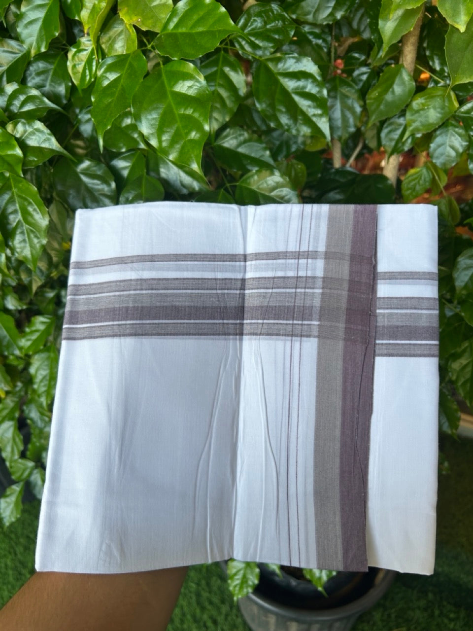 20% Discount ! NEW! KaithariKada Balaramapuram 100% Cotton Pure white Double Mundu/Dhoti - (100x80)s - 1.5 inch Ash green Violet Stripes Kara - 52 KK5249 VIN