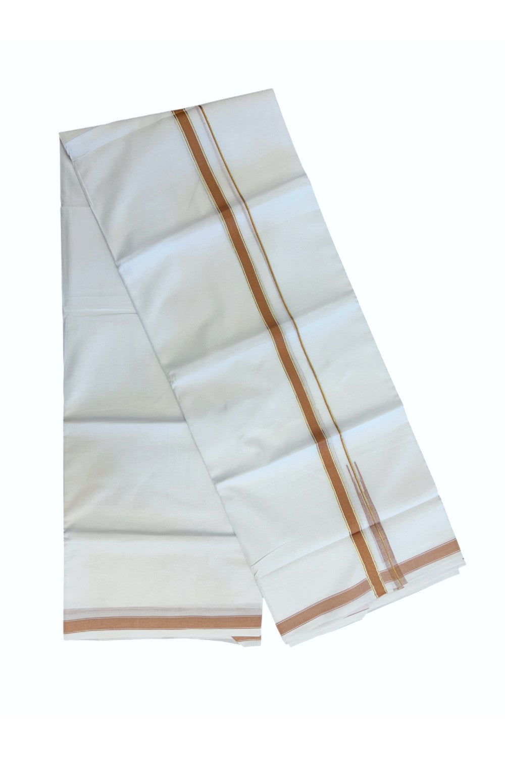 20% DISCOUNT!! KaithariKada Balaramapuram 100% Cotton PURE WHITE Double Mundu/Dhoti-100x80 - 0.5 inch Orange Brown Kasav Chutty Kara - 52KK5191CKS