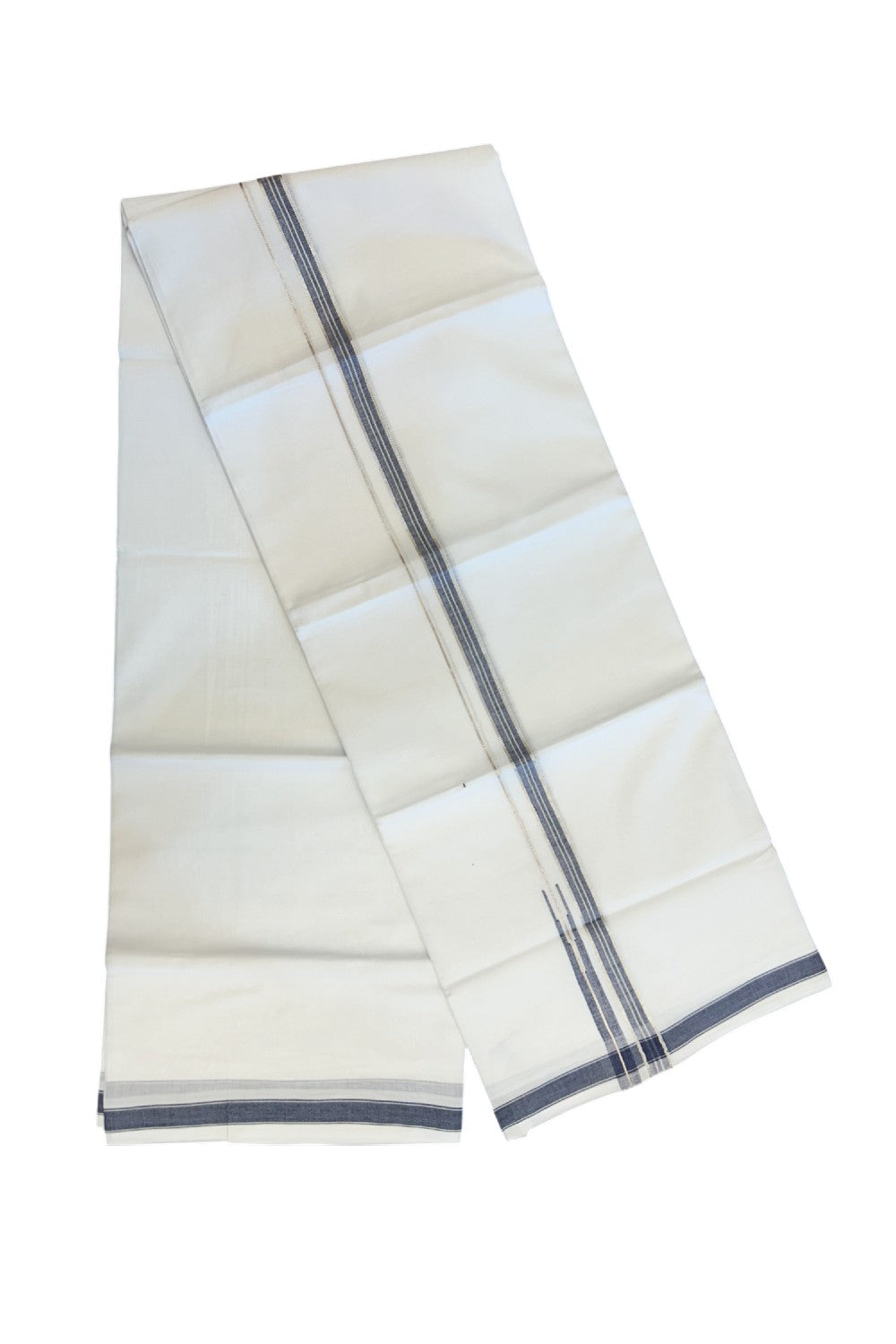 20% DISCOUNT!! Kaitharikada Balaramapuram 100% Pure Cotton PURE WHITE Double Mundu/Dothi - 100x80 - 0.75 Inch Navy Blue & Silver shaded Stripes Puliyilakkara Chutty - 52KK5217 CKS