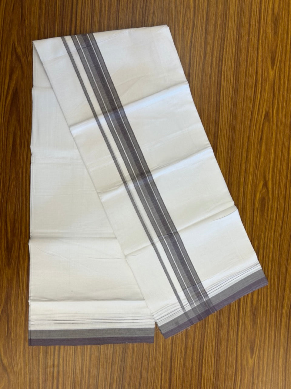 20% Discount ! NEW! KaithariKada Balaramapuram 100% Cotton Pure white Double Mundu/Dhoti - (100x80)s - 1.5 inch Ash green Violet Stripes Kara - 52 KK5249 VIN
