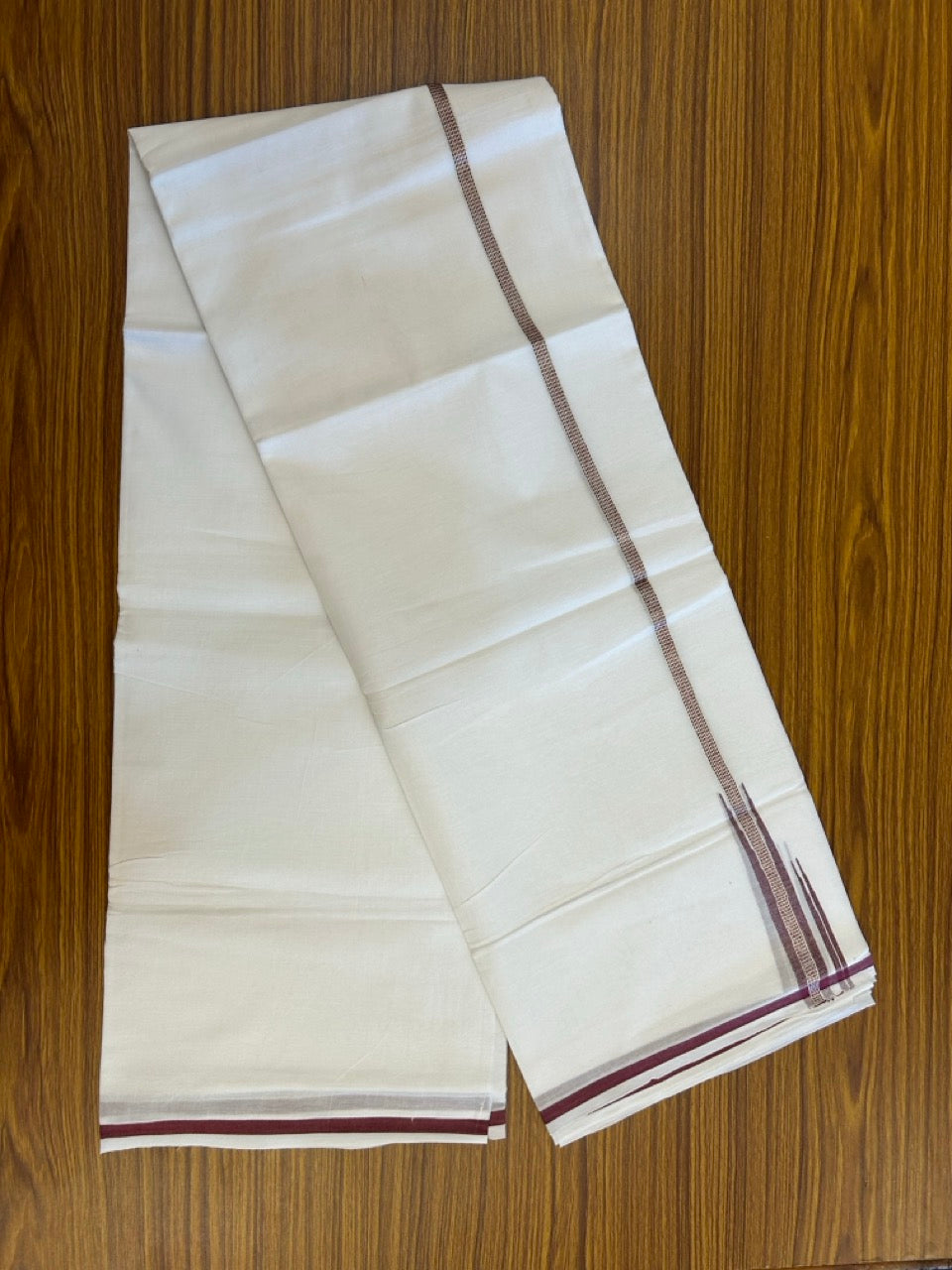 20% Discount ! NEW! KaithariKada Balaramapuram 100% Cotton Pure white Double Mundu/Dhoti - (100x80)s - 0.75 inch Maroon Chutty Silver Kasav - 52 KK5252 CKS