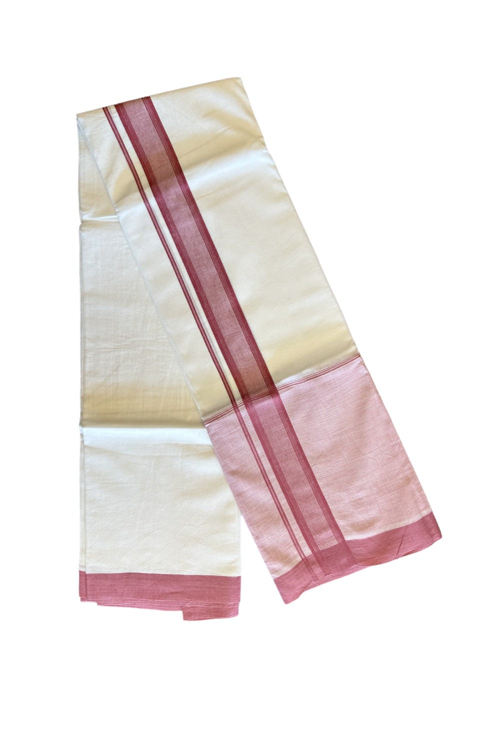 15% DISCOUNT!! Kaitharikada Balaramapuram 100% Cotton PURE WHITE Double Mundu/Dothi-100x100 2.25 Inch PINK SHADED Cotton Kara 3.75m (8 Muzham) - 52KK74RAM