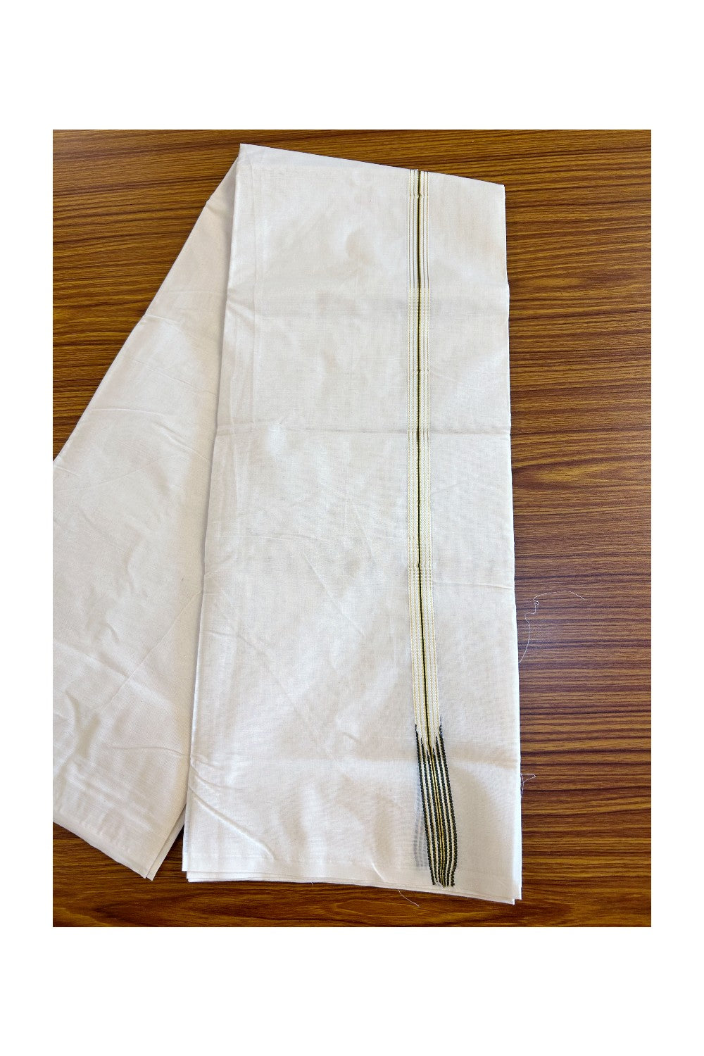 21% DISCOUNT!! KaithariKada Balaramapuram 100% Cotton OFF WHITE Double - (Unbleached) Mundu/Dhoti-100x100 2 cm Puliyilakkara chutty 6 line Kasavu & Dark sage green - 52KK500KK