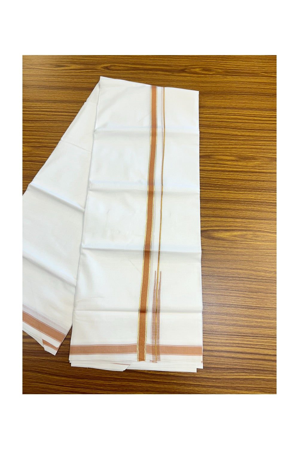 20% DISCOUNT!! KaithariKada Balaramapuram 100% Cotton PURE WHITE Double Mundu/Dhoti-100x80 - 0.5 inch Orange Brown Kasav Chutty Kara - 52KK5191CKS