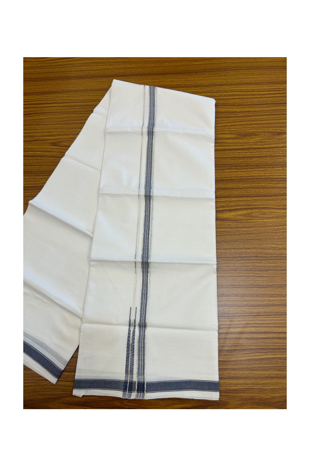 20% DISCOUNT!! Kaitharikada Balaramapuram 100% Pure Cotton PURE WHITE Double Mundu/Dothi - 100x80 - 0.75 Inch Navy Blue & Silver shaded Stripes Puliyilakkara Chutty - 52KK5217 CKS