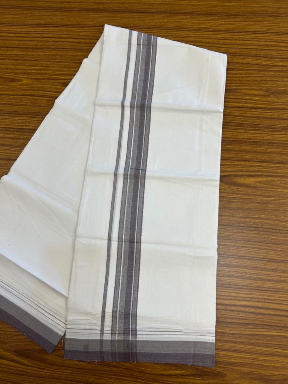 20% Discount ! NEW! KaithariKada Balaramapuram 100% Cotton Pure white Double Mundu/Dhoti - (100x80)s - 1.5 inch Ash green Violet Stripes Kara - 52 KK5249 VIN