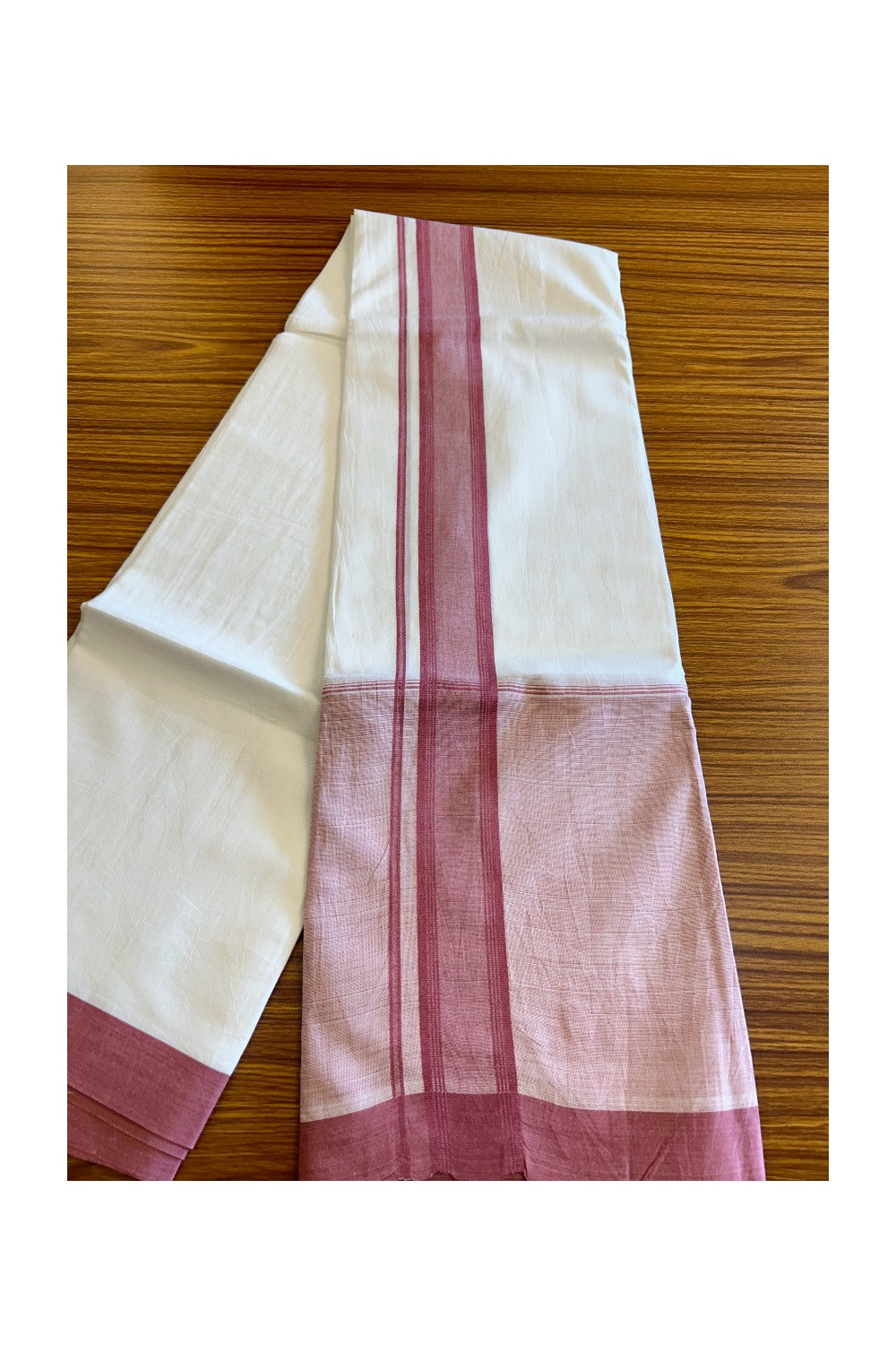 15% DISCOUNT!! Kaitharikada Balaramapuram 100% Cotton PURE WHITE Double Mundu/Dothi-100x100 2.25 Inch PINK SHADED Cotton Kara 3.75m (8 Muzham) - 52KK74RAM