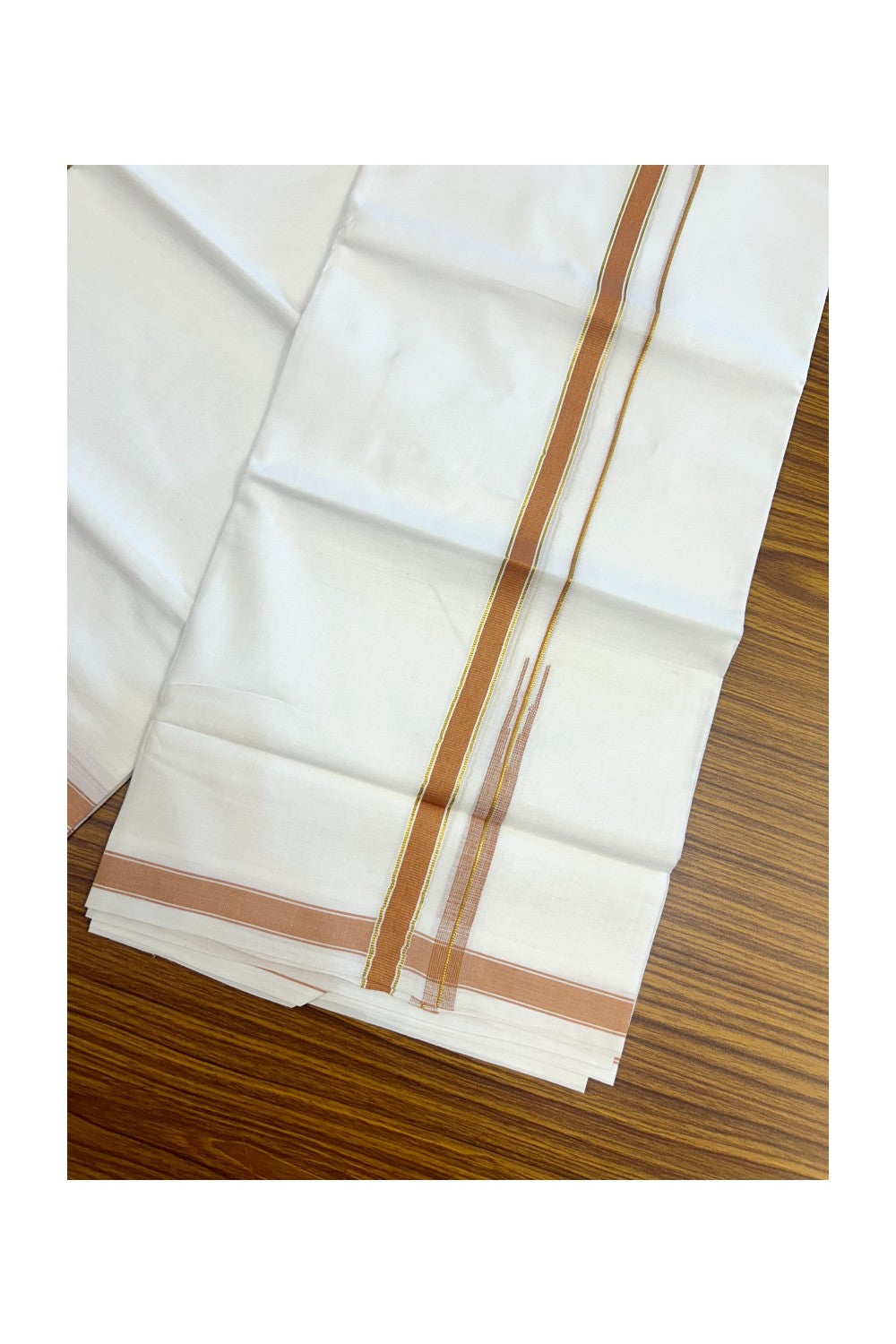 20% DISCOUNT!! KaithariKada Balaramapuram 100% Cotton PURE WHITE Double Mundu/Dhoti-100x80 - 0.5 inch Orange Brown Kasav Chutty Kara - 52KK5191CKS