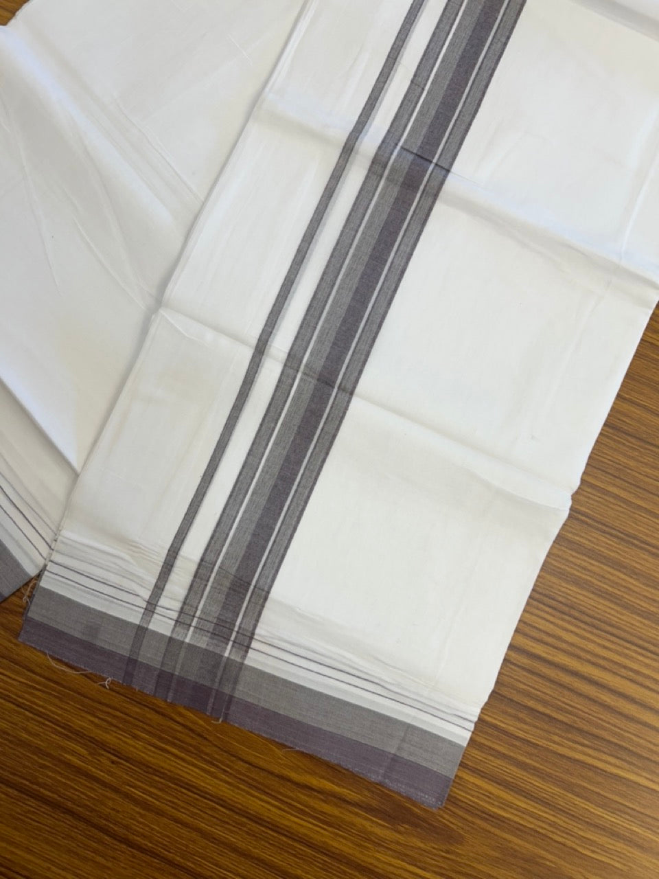 20% Discount ! NEW! KaithariKada Balaramapuram 100% Cotton Pure white Double Mundu/Dhoti - (100x80)s - 1.5 inch Ash green Violet Stripes Kara - 52 KK5249 VIN
