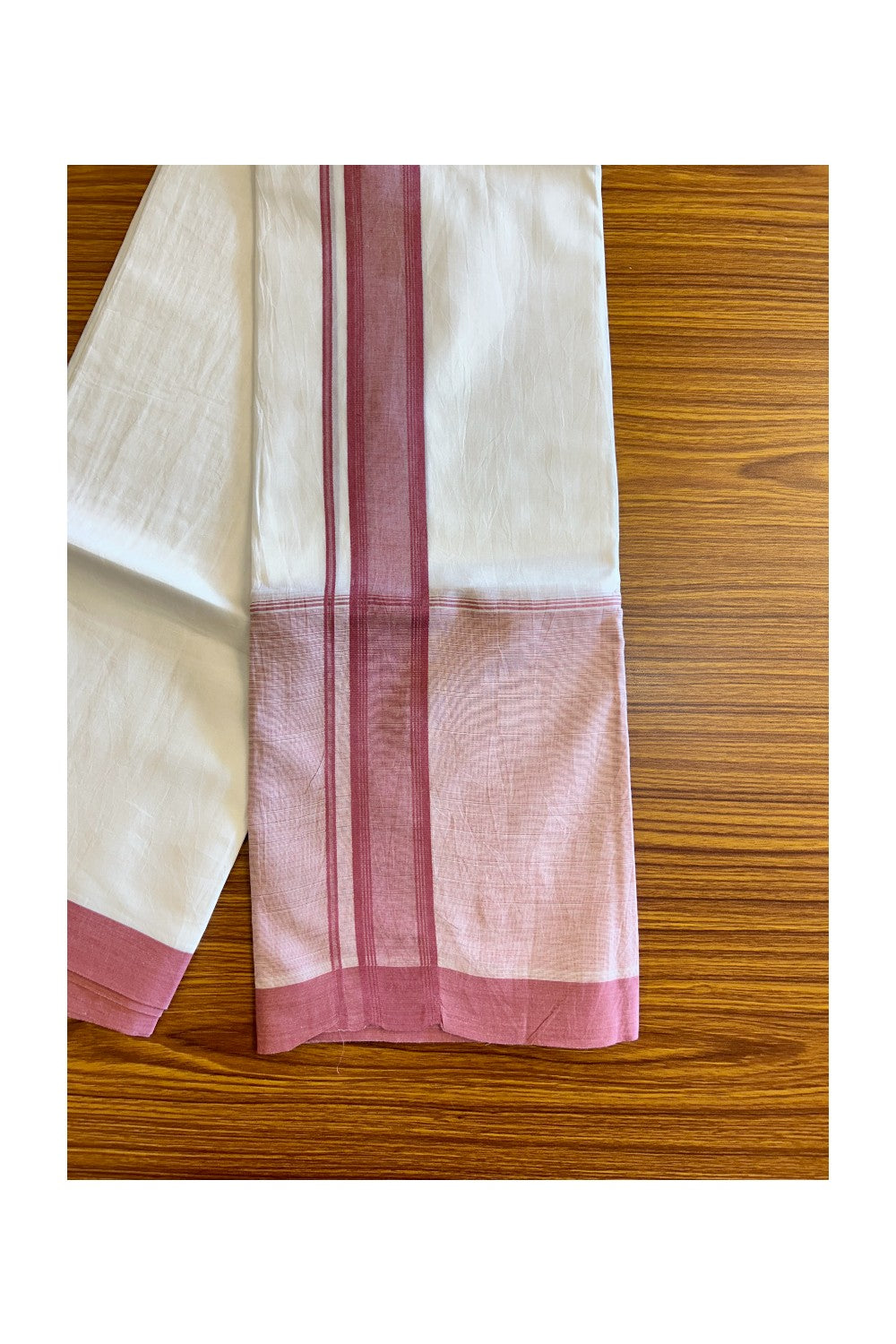 15% DISCOUNT!! Kaitharikada Balaramapuram 100% Cotton PURE WHITE Double Mundu/Dothi-100x100 2.25 Inch PINK SHADED Cotton Kara 3.75m (8 Muzham) - 52KK74RAM