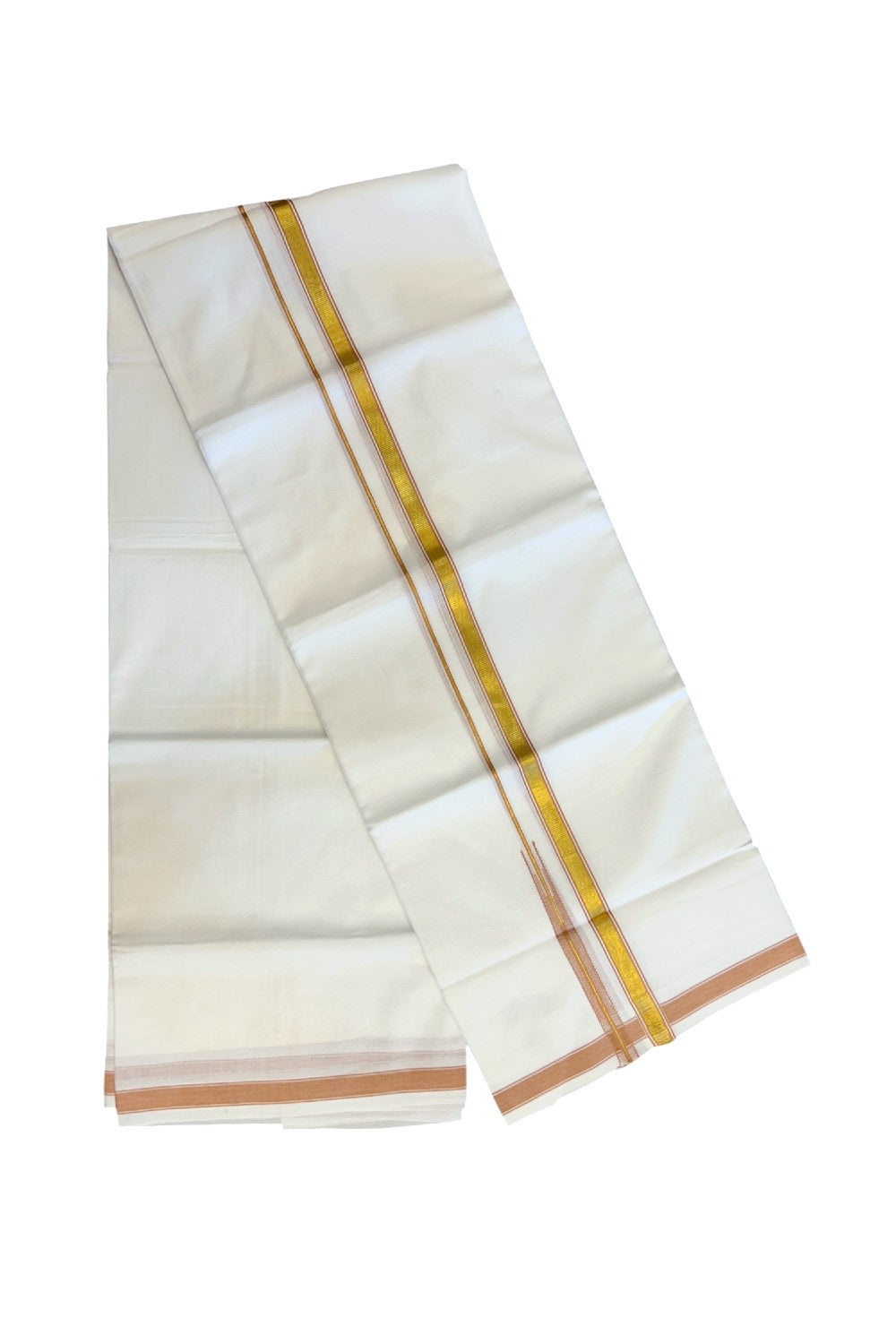 20% DISCOUNT!! KaithariKada Balaramapuram 100% Cotton PURE WHITE Double Mundu/Dhoti-100x80 - 0.5 inch Orange Brown Kasav Chutty Kara - 53KK5191CKS