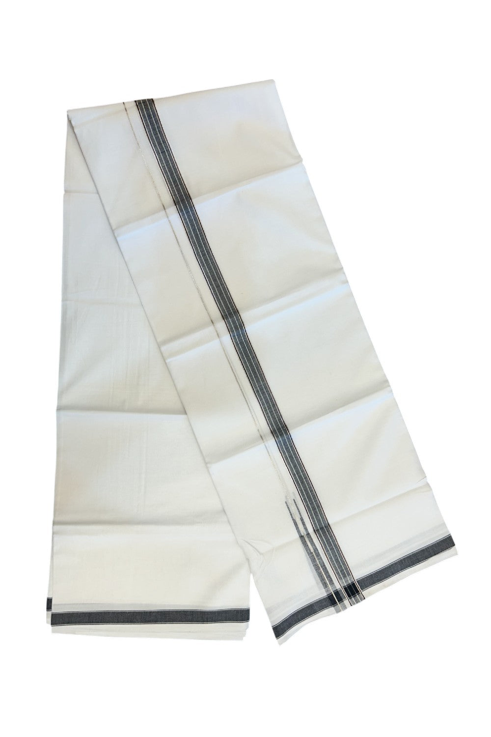 20% DISCOUNT!! Kaitharikada Balaramapuram 100% Pure Cotton PURE WHITE Double Mundu/Dothi - 100x80 - 0.75 Inch Black & Silver shaded Stripes Puliyilakkara Chutty - 53KK5217 CKS