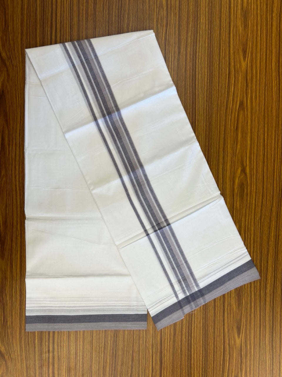 20% Discount ! NEW! KaithariKada Balaramapuram 100% Cotton Pure white Double Mundu/Dhoti - (100x80)s - 1.5 inch Violet Ash Mix Stripes Kara - 53 KK5249 VIN