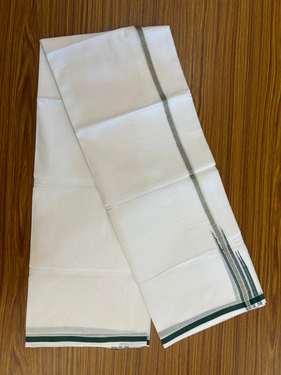 20% Discount ! NEW! KaithariKada Balaramapuram 100% Cotton Pure white Double Mundu/Dhoti - (100x80)s - 0.75 inch Dark Green Chutty Silver Kasav - 53 KK5252 CKS