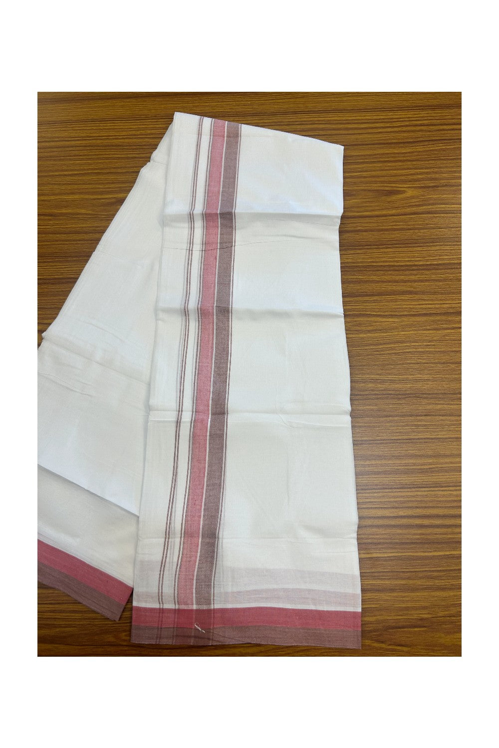 20% DISCOUNT!! Kaitharikada Balaramapuram 100% Cotton PURE WHITE Double Mundu/Dothi- 100x80 - 1.5 Inch Brown Stone & Majenta Shaded Striped Kara - 54KK5174THI