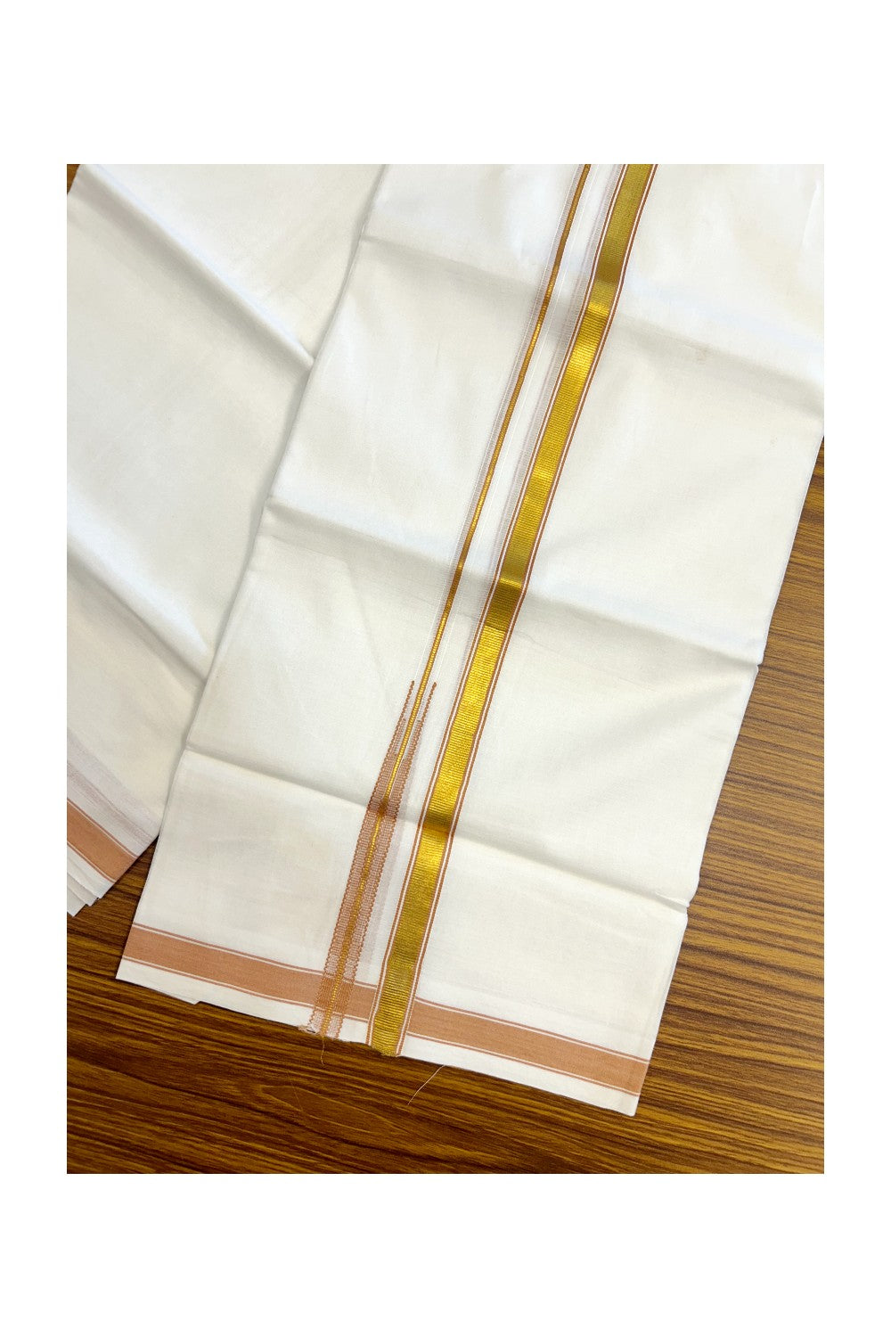 20% DISCOUNT!! KaithariKada Balaramapuram 100% Cotton PURE WHITE Double Mundu/Dhoti-100x80 - 0.5 inch Orange Brown Kasav Chutty Kara - 53KK5191CKS