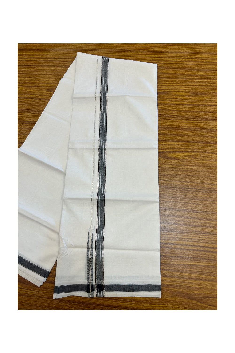 20% DISCOUNT!! Kaitharikada Balaramapuram 100% Pure Cotton PURE WHITE Double Mundu/Dothi - 100x80 - 0.75 Inch Black & Silver shaded Stripes Puliyilakkara Chutty - 53KK5217 CKS