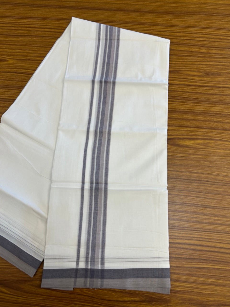 20% Discount ! NEW! KaithariKada Balaramapuram 100% Cotton Pure white Double Mundu/Dhoti - (100x80)s - 1.5 inch Violet Ash Mix Stripes Kara - 53 KK5249 VIN