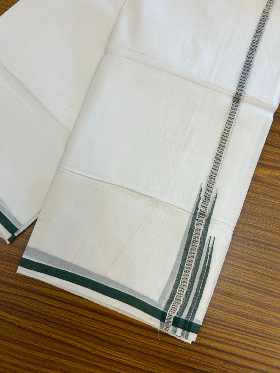20% Discount ! NEW! KaithariKada Balaramapuram 100% Cotton Pure white Double Mundu/Dhoti - (100x80)s - 0.75 inch Dark Green Chutty Silver Kasav - 53 KK5252 CKS