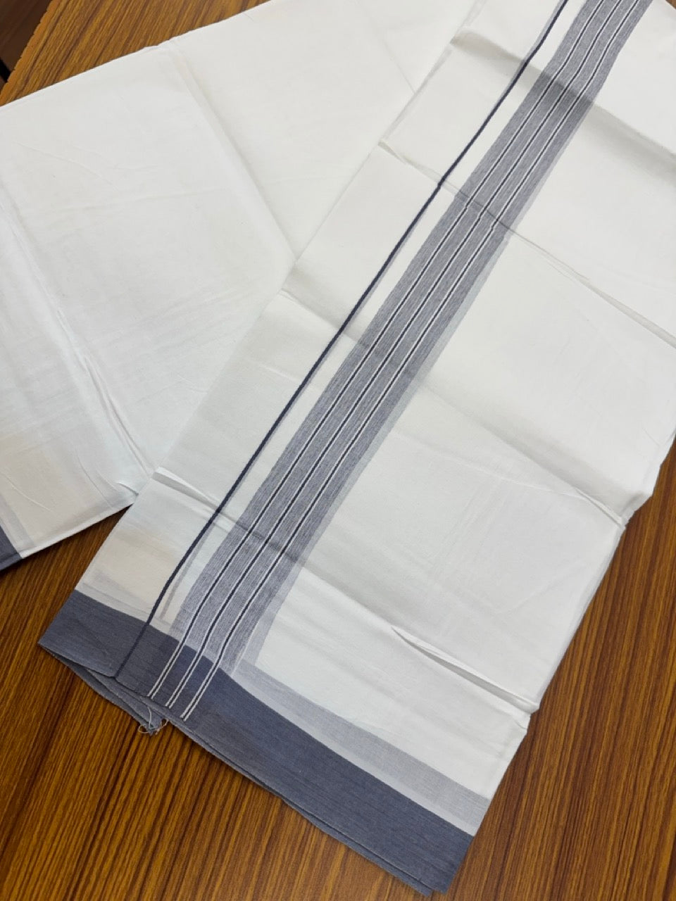 4.5 Meters (10 Muzham) - Pure white double 25% Discount ! KaithariKada Balaramapuram - 100% Pure Cotton 100x80 - Mundu/Dothi - 1.5 inch Navy Blue Ash Mix Shaded Kara - 53 KK5258 THI