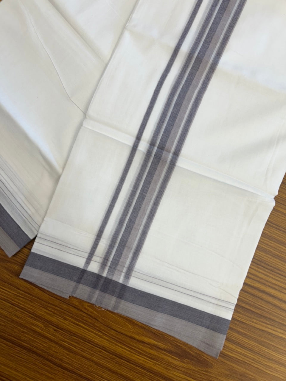 20% Discount ! NEW! KaithariKada Balaramapuram 100% Cotton Pure white Double Mundu/Dhoti - (100x80)s - 1.5 inch Violet Ash Mix Stripes Kara - 53 KK5249 VIN