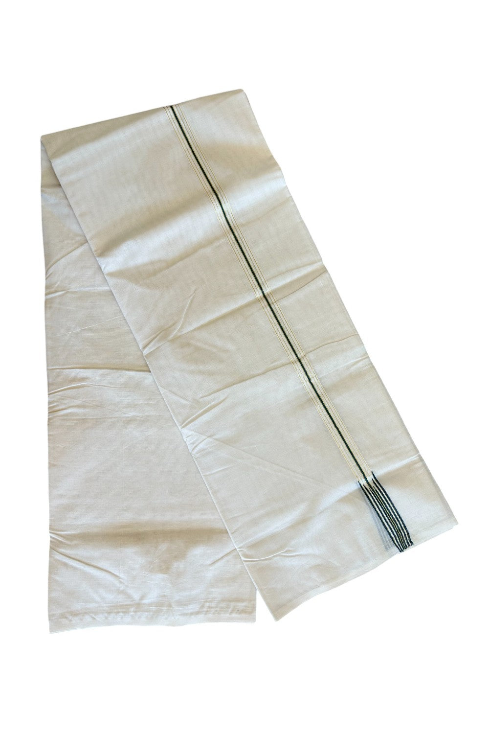 21% DISCOUNT!! KaithariKada Balaramapuram 100% Cotton OFF WHITE Double - (Unbleached) Mundu/Dhoti-100x100 2 cm Puliyilakkara chutty 6 line Kasavu & Dark Green - 54KK500KK